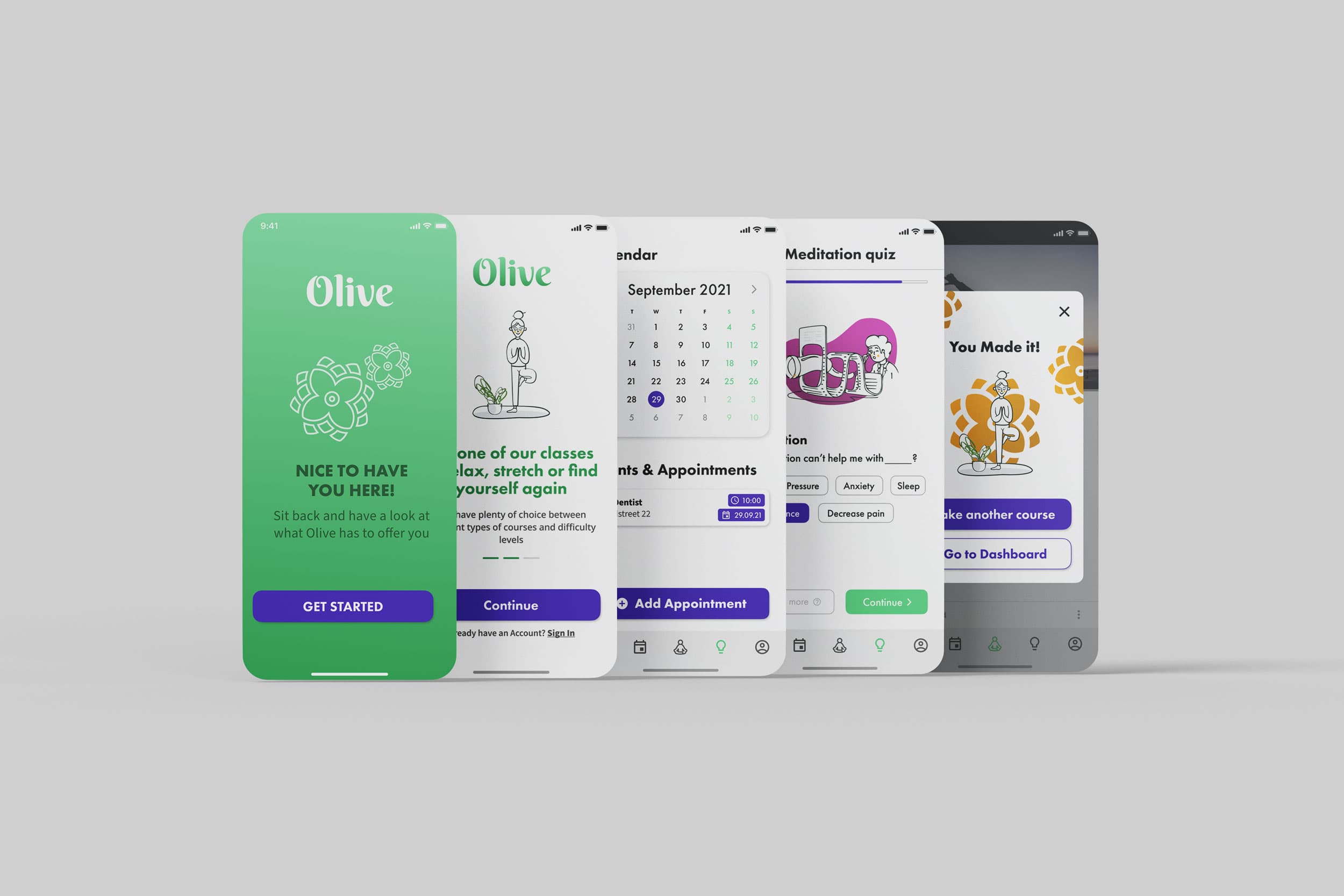 Olive — Finale App-Screens